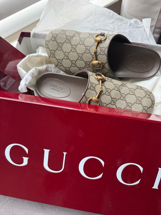 Gucci Shoes - Gucci Beige Brown GG Canvas Horsebit Mules